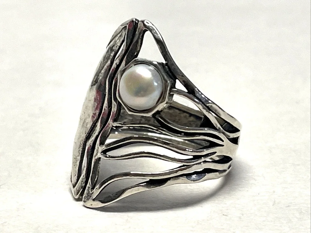 Zuman Israel 925 Sterling Silver Pearl Ring Size 9 Modern Sculptural Design